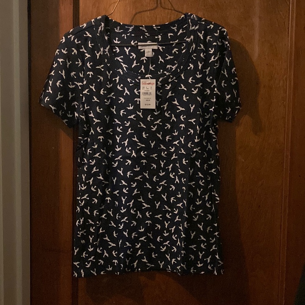 Charter Club Tee shirt in blue with bird pattern.
